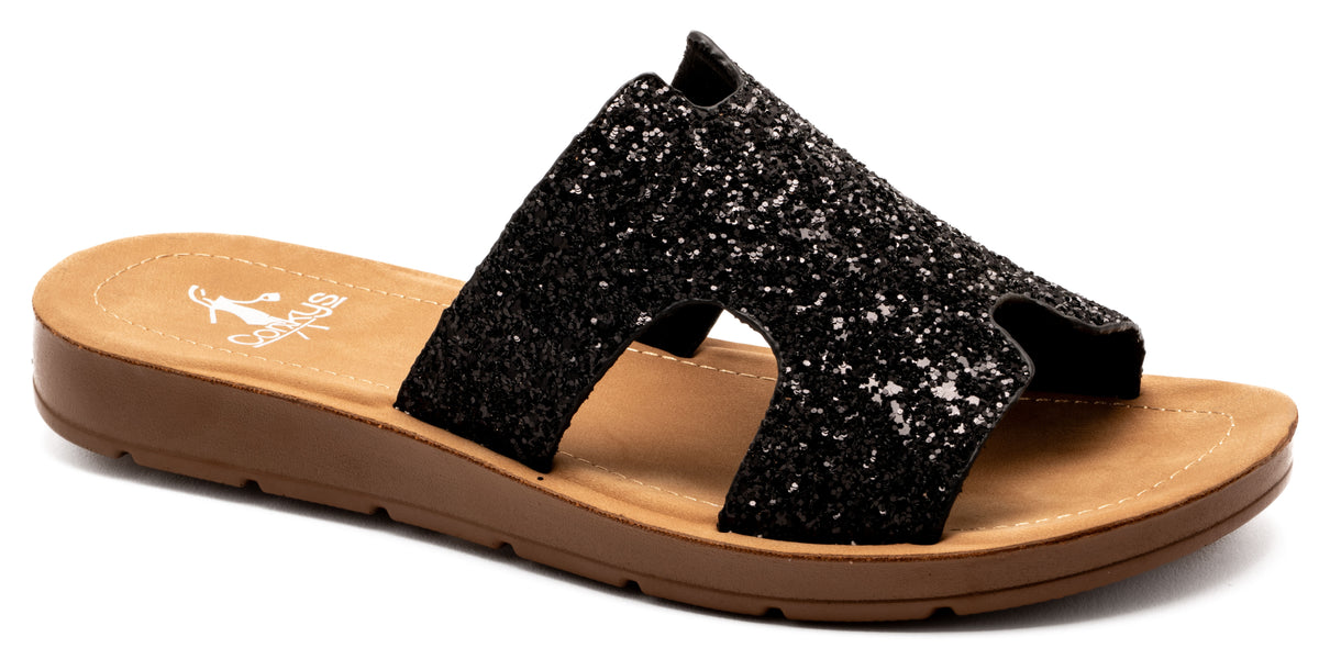 CORKYS BOGALUSA BLACK GLITTER SANDALS