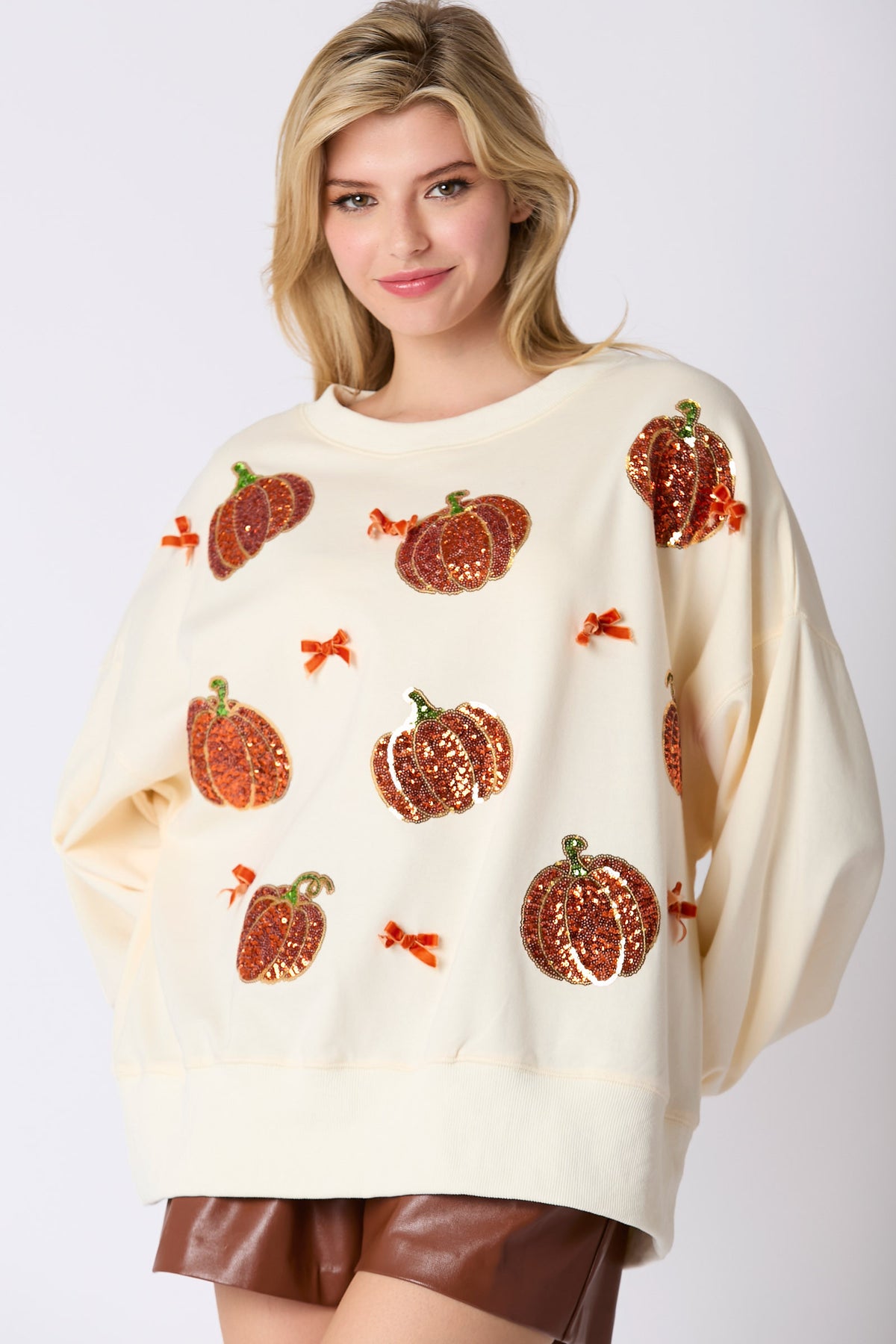 PEACH LOVE SEQUIN PUMPKINS W/BOWS