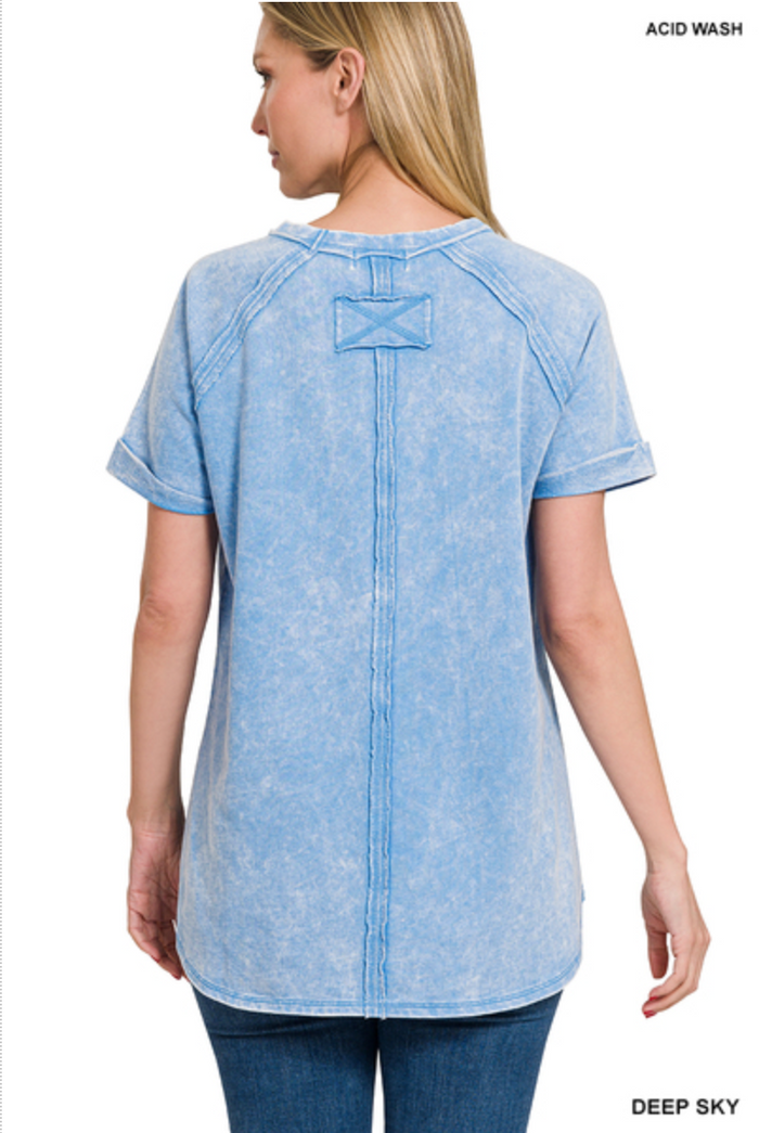 ZENANA F/TERRY ACID WASH SHORT CUFF SLEEVE PULLOVER - MOCHA