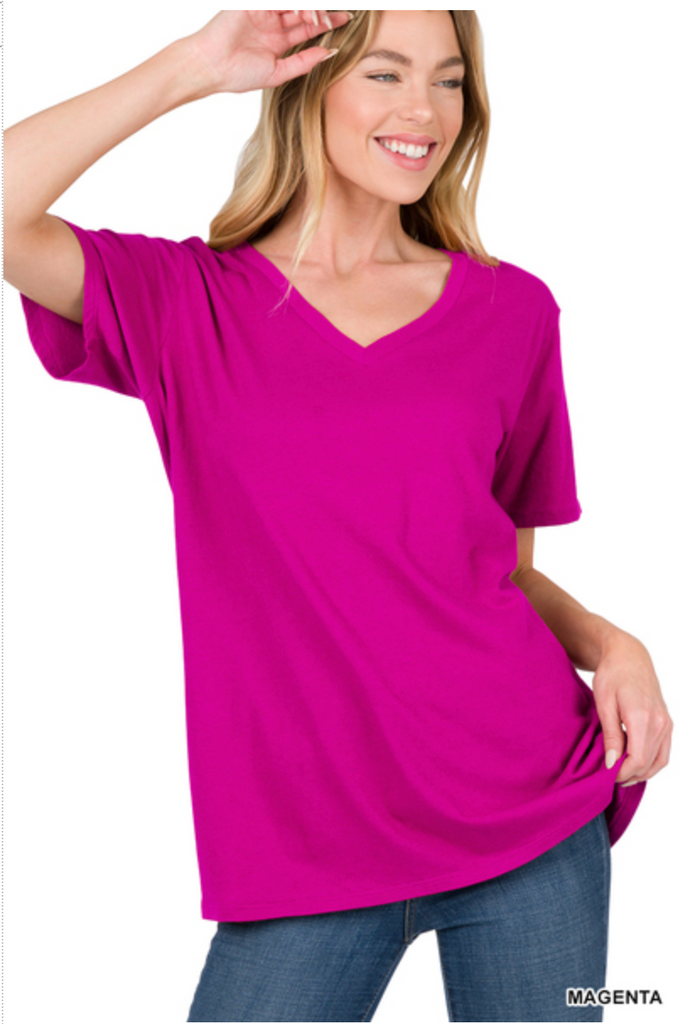 ZENANA COTTON SHORT SLEEVE V NECK TEE -  MAGENTA