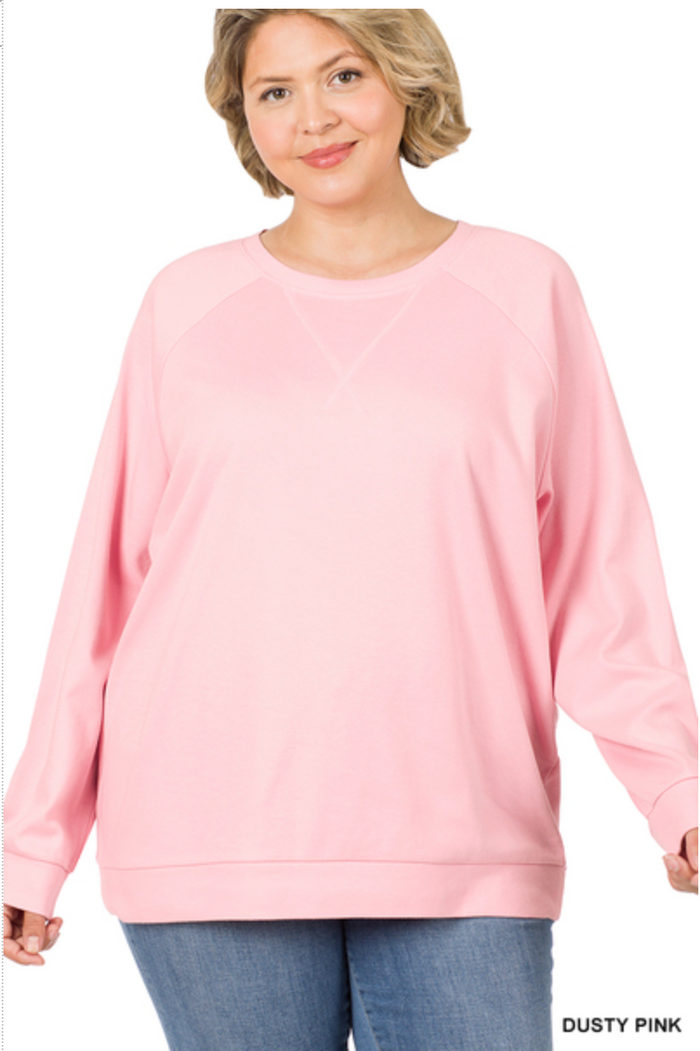 ZENANA  - PLUS SIZE RAGLAND SLEEVE PULLOVER - DUSTY PINK
