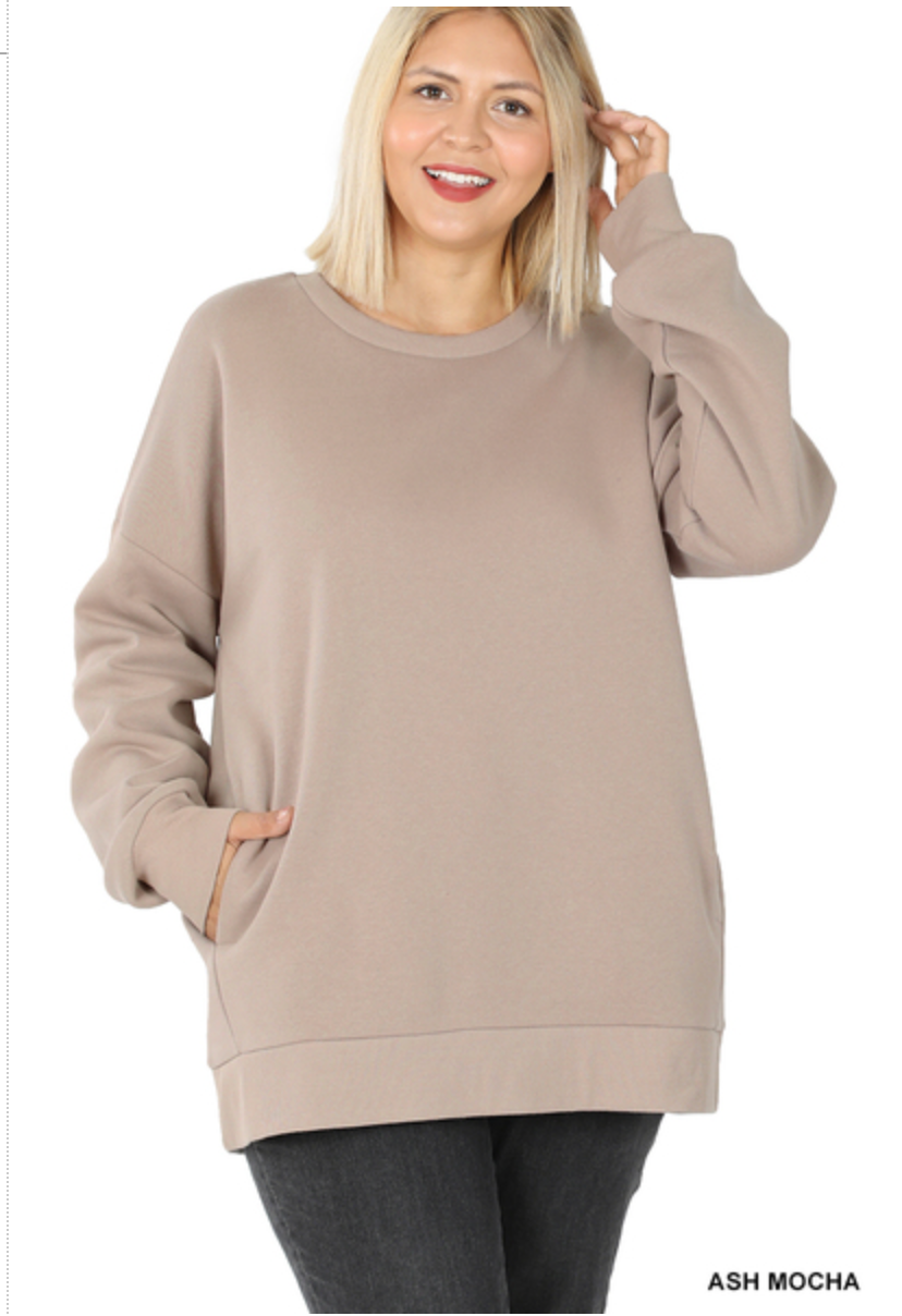ZENANA  - PLUS SIZE RAGLAND SLEEVE PULLOVER - ASH MOCHA
