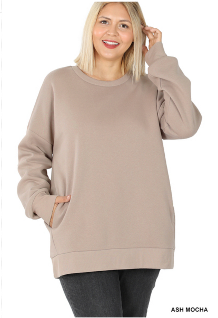 ZENANA  - PLUS SIZE RAGLAND SLEEVE PULLOVER - ASH MOCHA