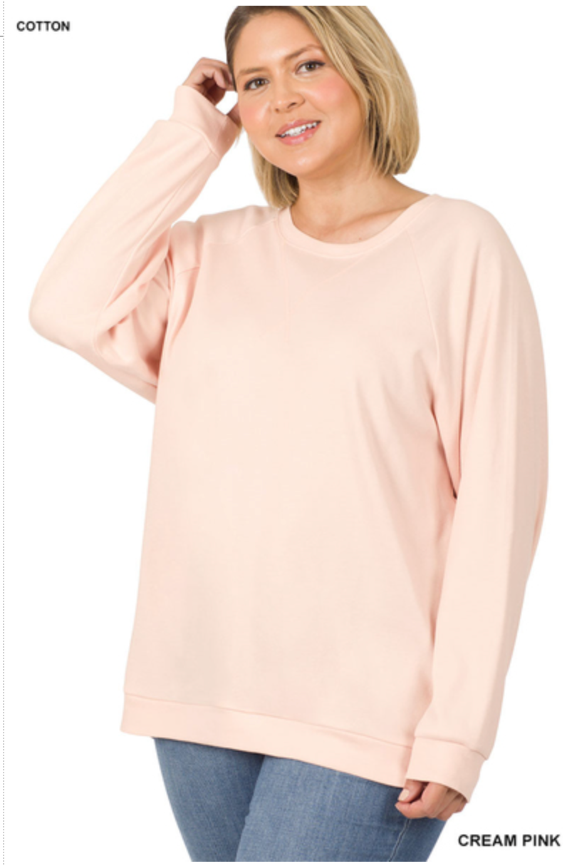 ZENANA  - PLUS SIZE RAGLAND SLEEVE PULLOVER - CREAM PINK