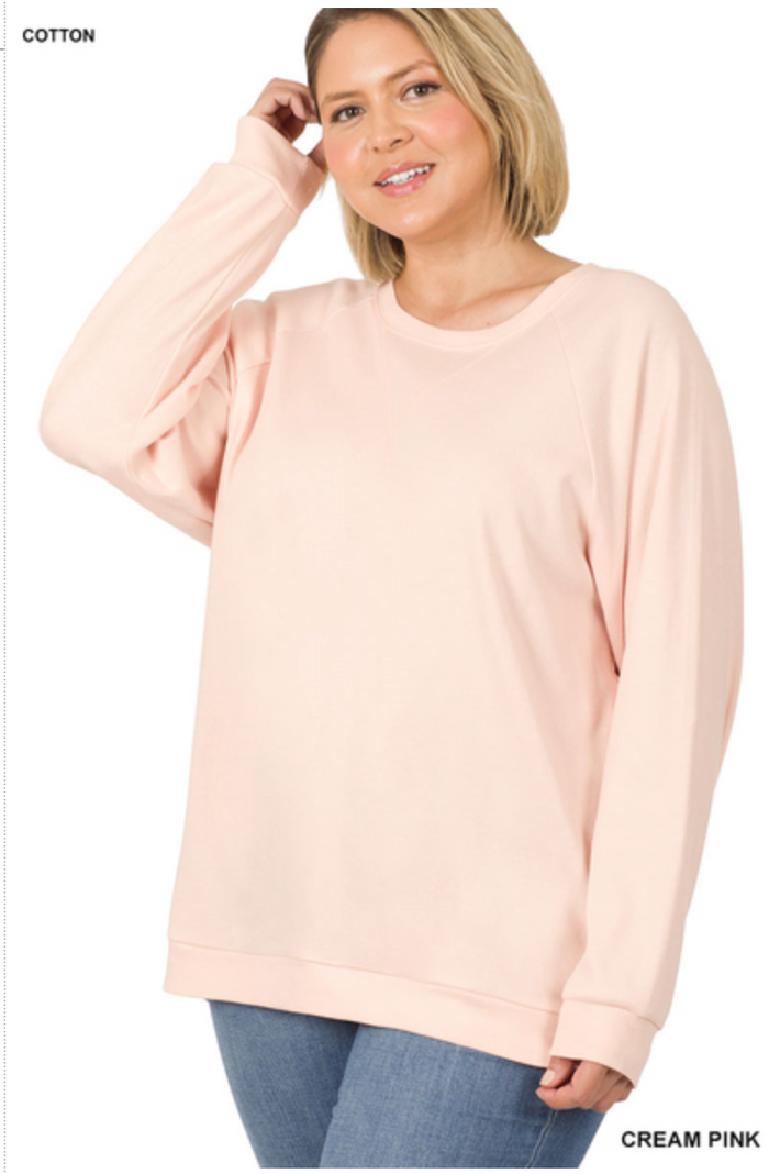 ZENANA  - PLUS SIZE RAGLAND SLEEVE PULLOVER - CREAM PINK