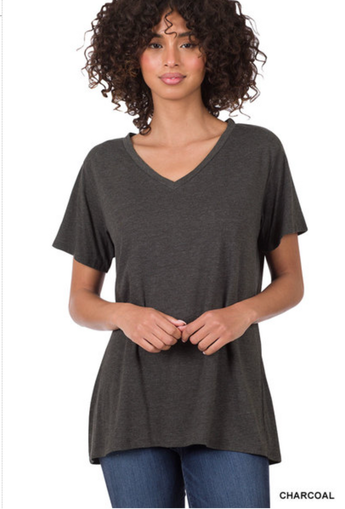 ZENANA COTTON SHORT SLEEVE V NECK TEE - CHARCOAL