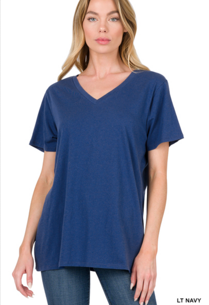 ZENANA COTTON SHORT SLEEVE V NECK TEE - LT NAVY