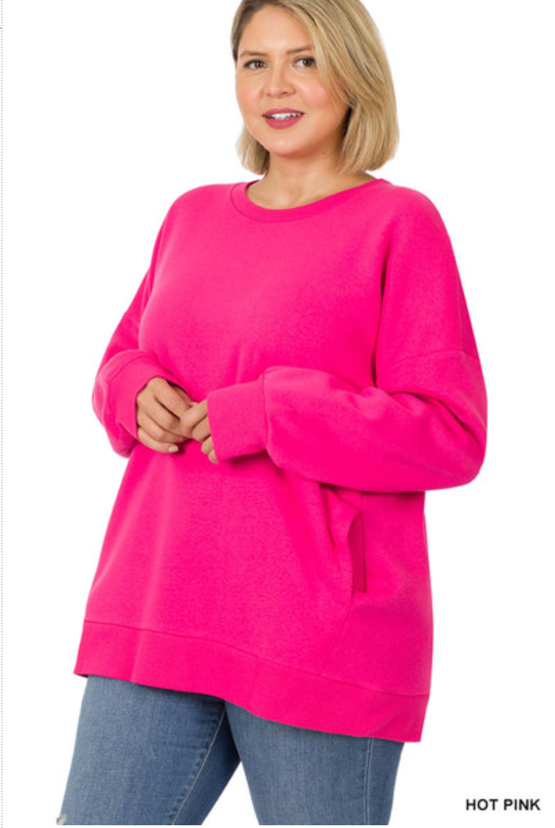 ZENANA  - PLUS LONG SLEEVE ROUND NECK SWEATSHIRT W/SIDE POCKETS