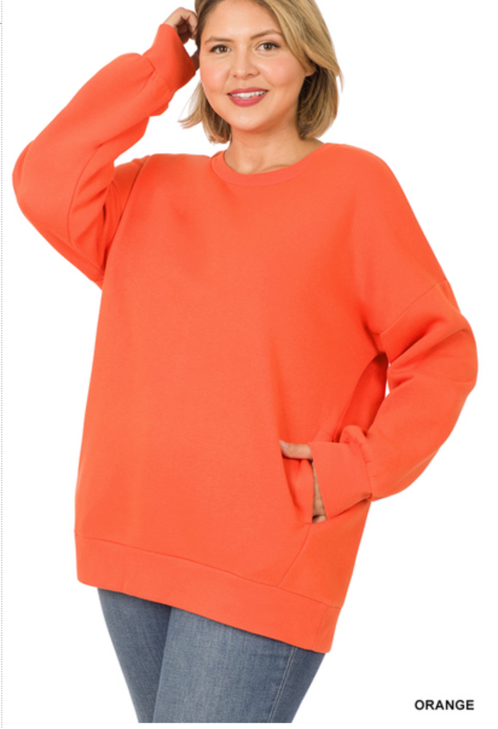 ZENANA  - PLUS LONG SLEEVE ROUND NECK SWEATSHIRT W/SIDE POCKETS