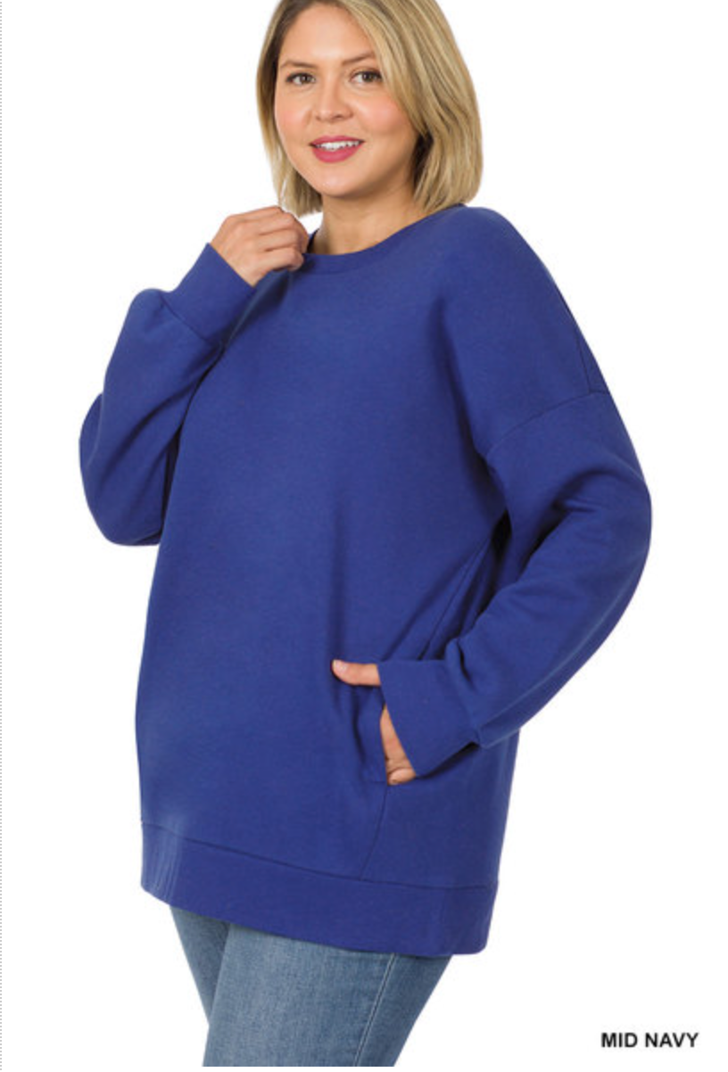 ZENANA  - PLUS LONG SLEEVE ROUND NECK SWEATSHIRT W/SIDE POCKETS