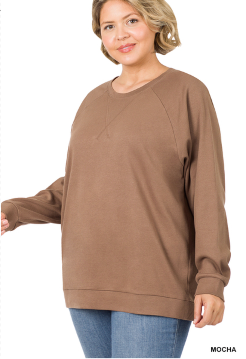 ZENANA  - PLUS SIZE RAGLAND SLEEVE PULLOVER - MOCHA