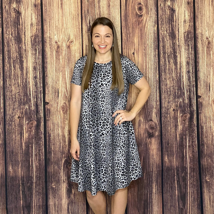 HONEYME BLACK/GREY WHITE LEOPARD PRINT DRESS