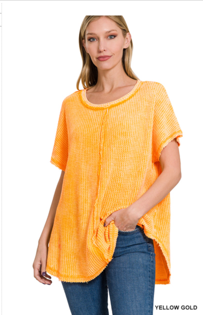 ZENANA WASHED WAFFLE BABY WAFFLE SHORT SLEEVE TOP - GOLD