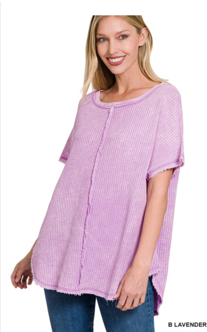 ZENANA WASHED WAFFLE BABY WAFFLE SHORT SLEEVE TOP - LT LAVENDER