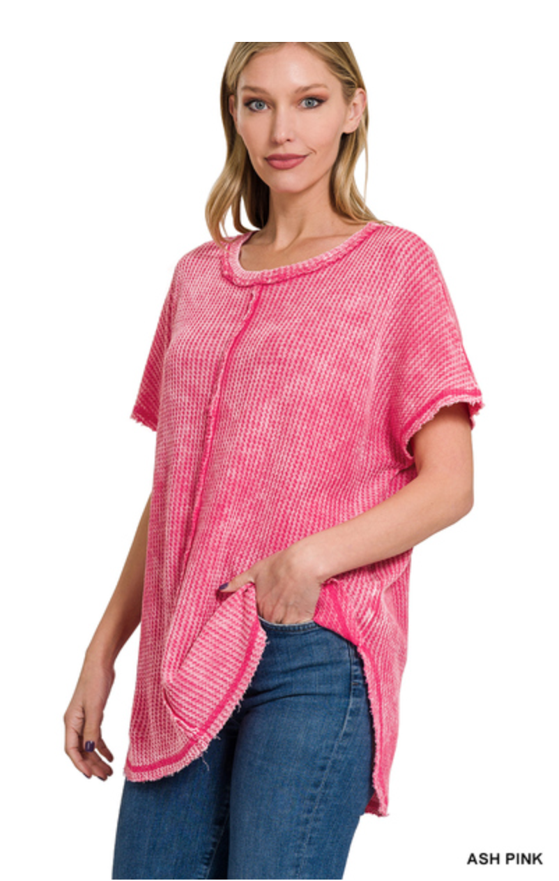 ZENANA WASHED WAFFLE BABY WAFFLE SHORT SLEEVE TOP - ASH PINK