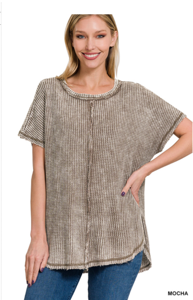 ZENANA WASHED WAFFLE BABY WAFFLE SHORT SLEEVE TOP - MOCHA